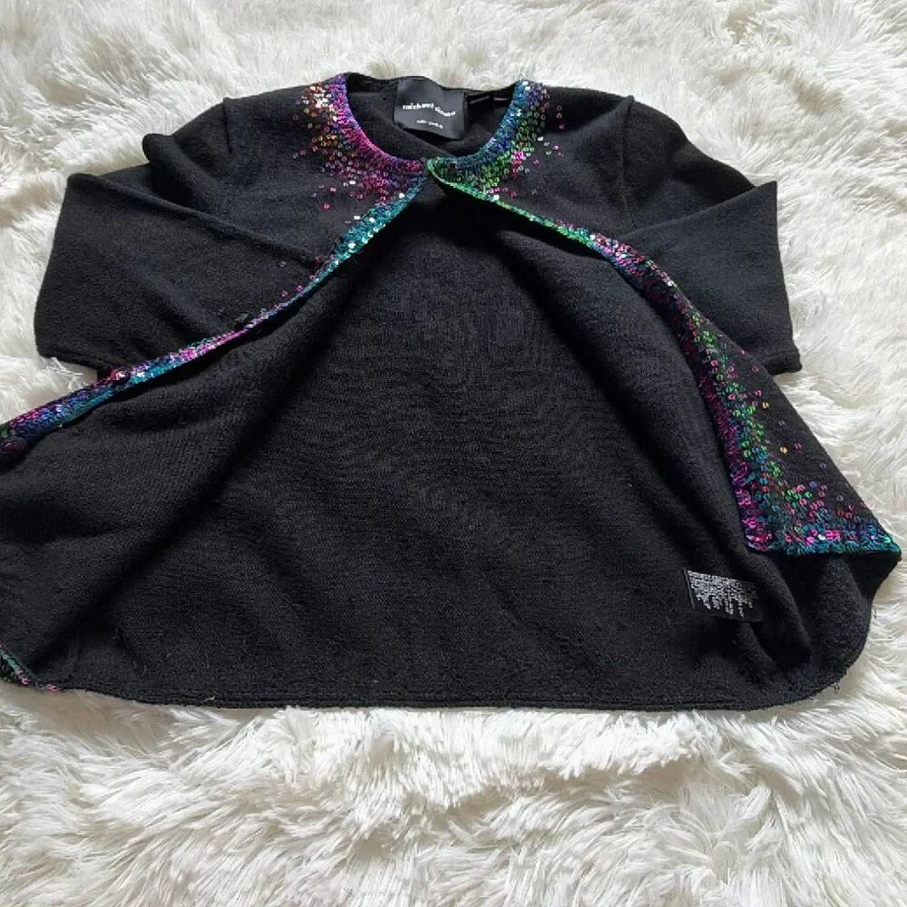 Vintage Michael Simon Rainbow Sequins Trimmed Black Cardigan Sweater Medium